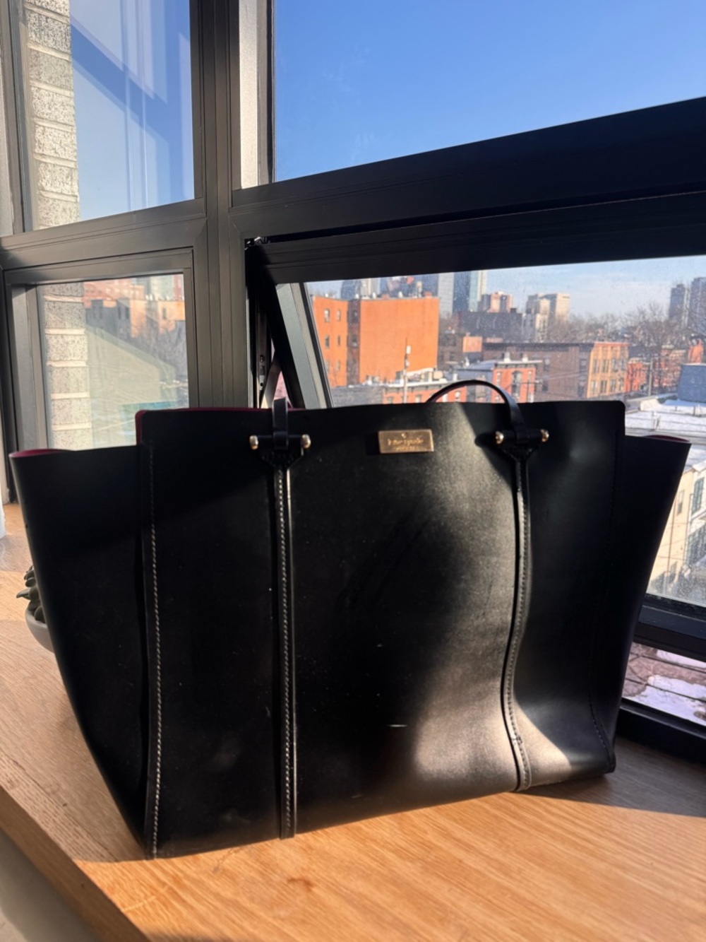 kate spade Black Leather Tote with Pink Interior Trim